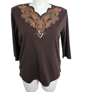 Quacker Factory Brown Embellished 3/4 Sleeve Top - L